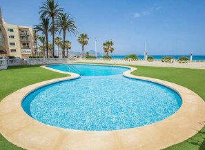 A swimming pool with a curved edge, surrounded by a white fence, palm trees, and a view of the sea.
