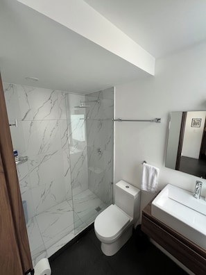 A bathroom with a shower, toilet, and sink. - Superb 2-bedroom apartment in welcoming Colonia del Valle neighborhood (Ciudad de México)