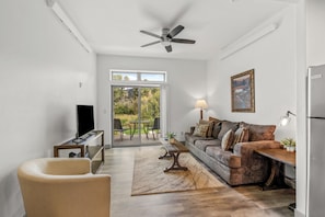 A living room with a sofa, a TV, a ceiling fan, and a view through a glass door to an outdoor area. - Riverfront Condo Only 10 Minutes to the Resort! Pet Friendly. (Steamboat Springs)