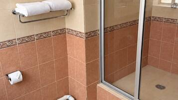 Un baño con ducha envuelta en vidrio, inodoro y barra para toallas.