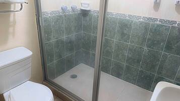 A bathroom with a toilet, a shower with a glass door, and a sink.