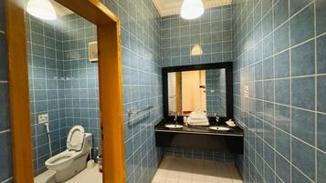 Ein Badezimmer mit blauen Fliesen, einer weißen Toilette, einem schwarzen Waschbecken und einem Spiegel.