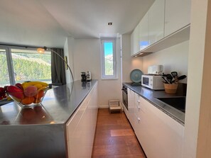 Cozinha moderna com bancada de aço inoxidável, uma tigela de frutas, micro-ondas e janela com vista para o exterior.