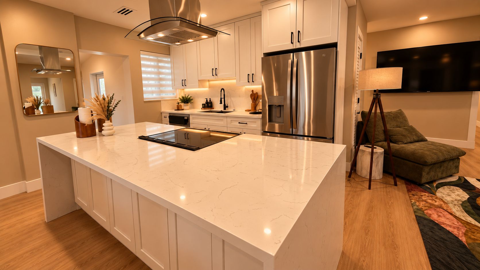 A modern kitchen with a large island, stainless steel appliances, and a dining area with a sofa and floor lamp.