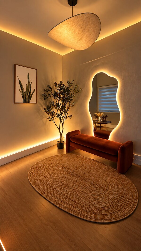 Een modern interieur met een rond geweven vloerkleed, een bankje, een plant in pot en een wandlamp.