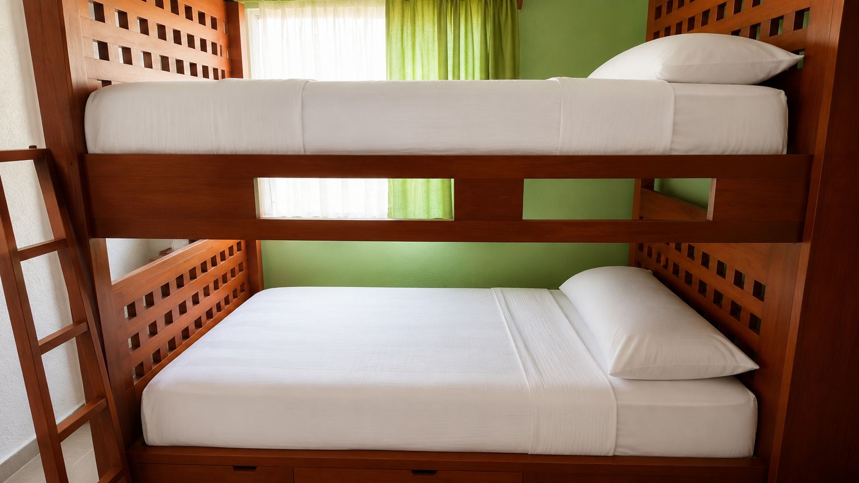A bunk bed with a wooden frame and white bedding.