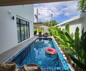 Une piscine aux carreaux bleus, entourée de plantes et bordée d’un mur blanc.