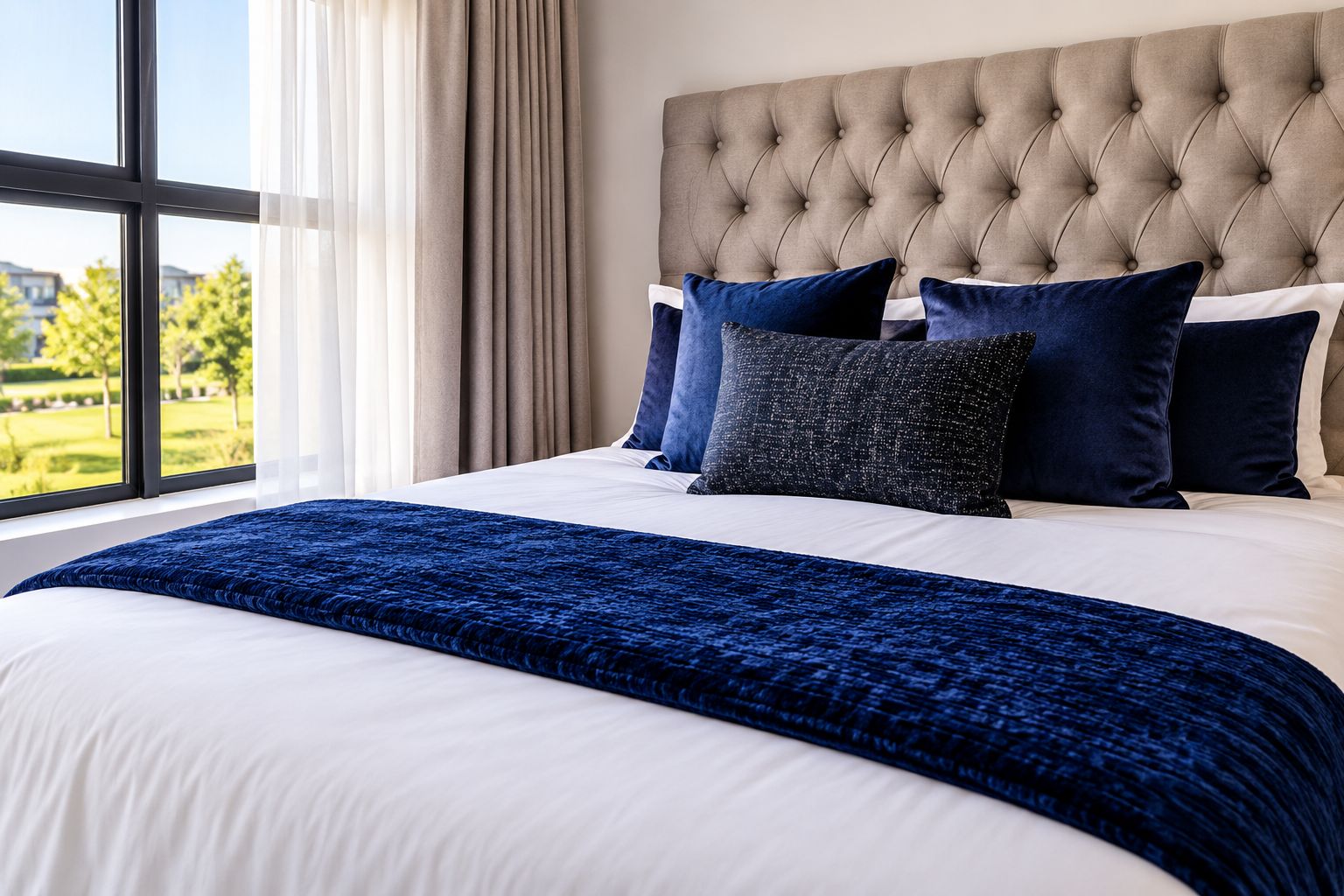 Une chambre d’hôtel avec un grand lit, une tête de lit capitonnée et une vue sur la verdure.