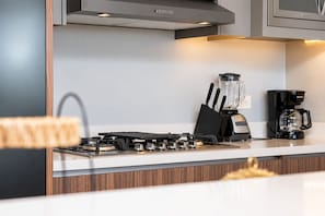 A modern kitchen with a gas stove, a coffee maker, and a blender on the counter. - 2 BR Penthouse, Downtown area, Ocean views (Cabo San Lucas)