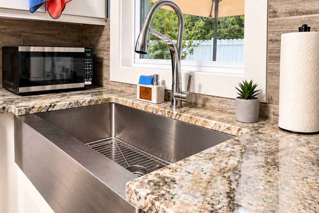 A kitchen with a stainless steel sink, a microwave, and a window with a view of greenery.