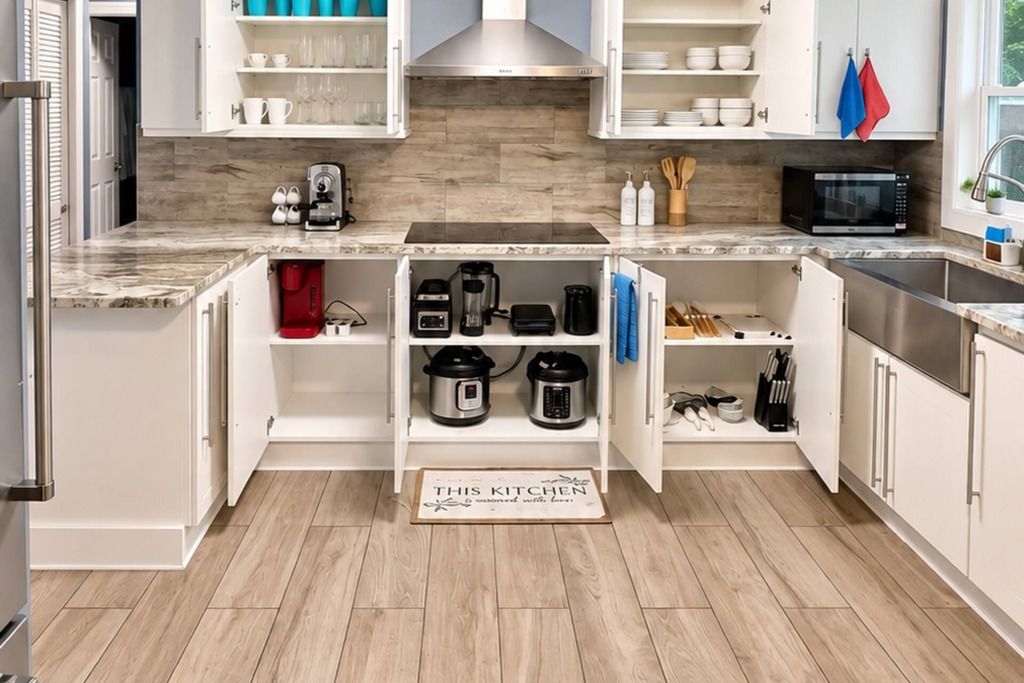 A modern kitchen with white cabinets, a granite countertop, and a built-in stove.