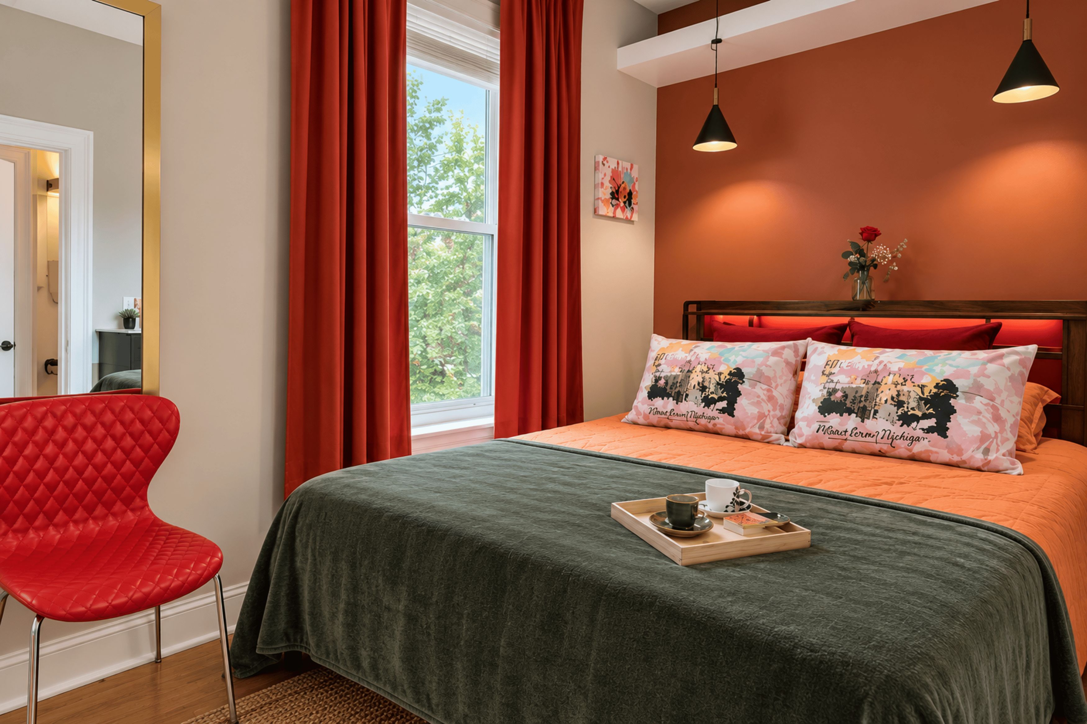 A bedroom with a bed, red curtains, a red chair, and a window.