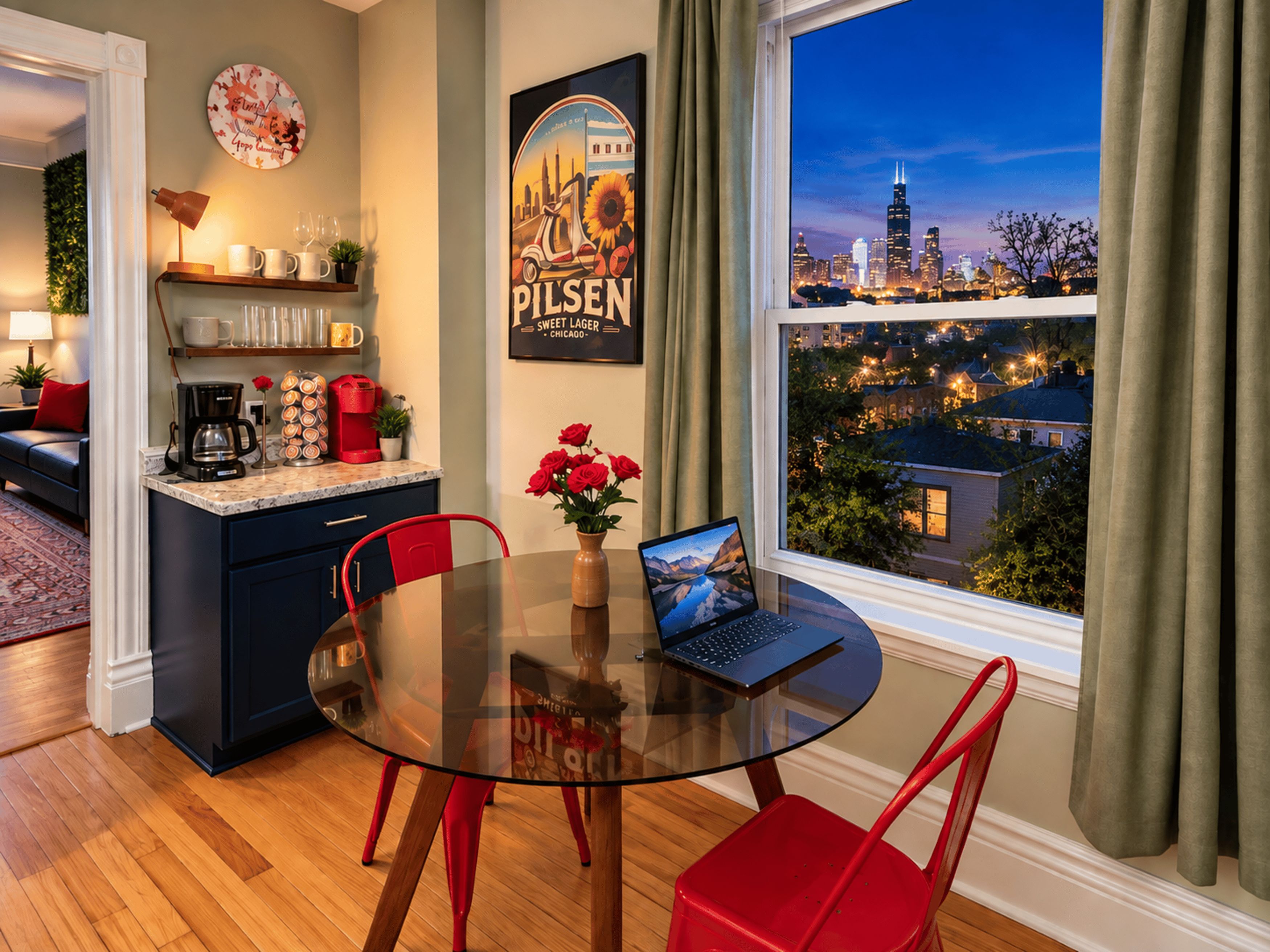 A modern dining area with a glass table, red chairs, a laptop, and a cityscape view through the window.
