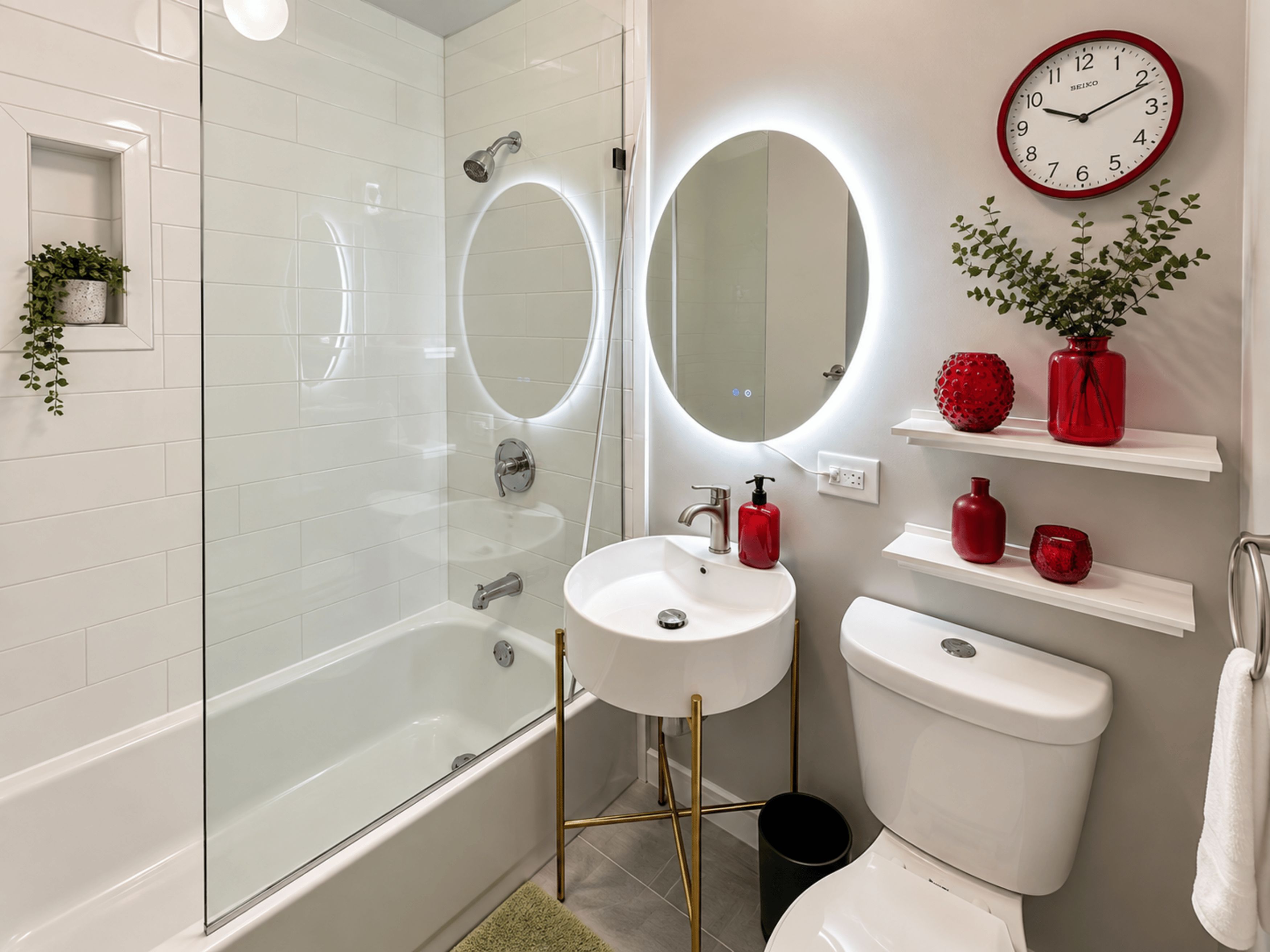A modern bathroom with a glass-enclosed shower, a white sink, a toilet, and a round mirror with a red frame.