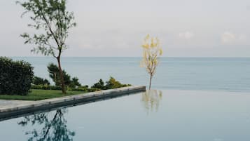 Una piscina infinita tranquila con vista despejada al mar, rodeada de follaje y un pequeño árbol.