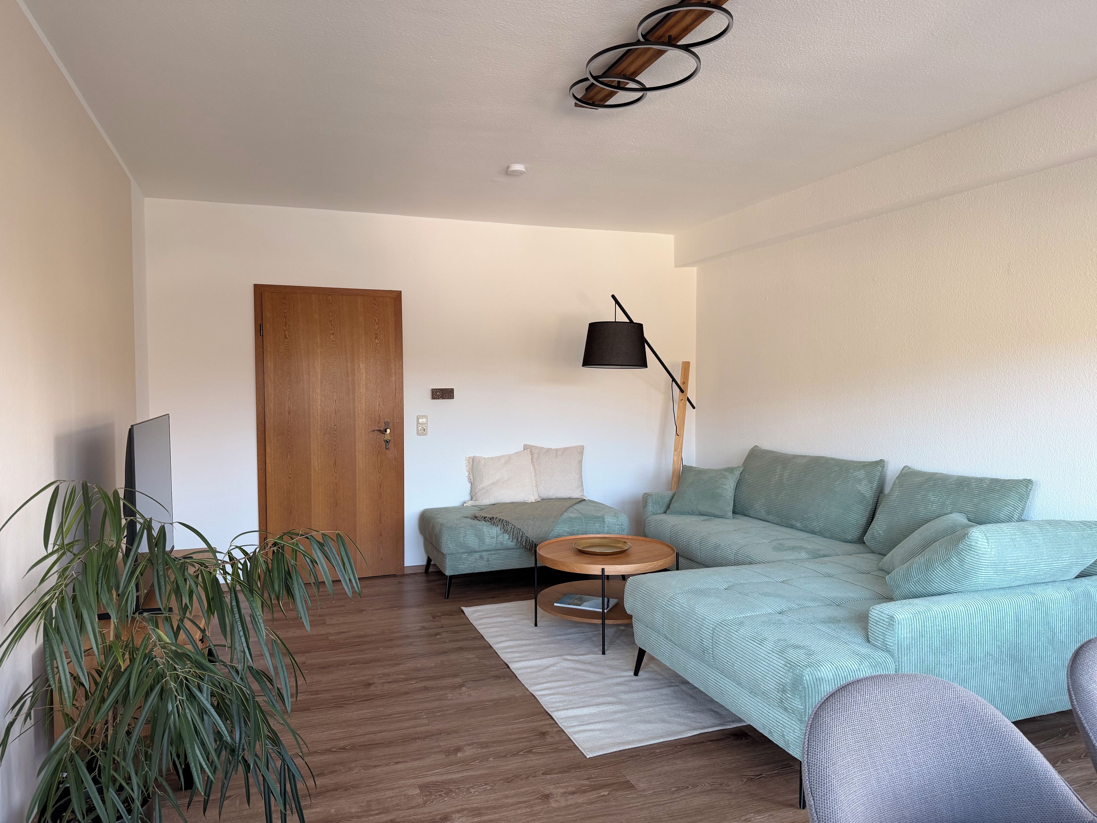 Ein modernes Wohnzimmer mit einer Couch, einem kleinen runden Tisch, einem Fernseher und einer Topfpflanze.
