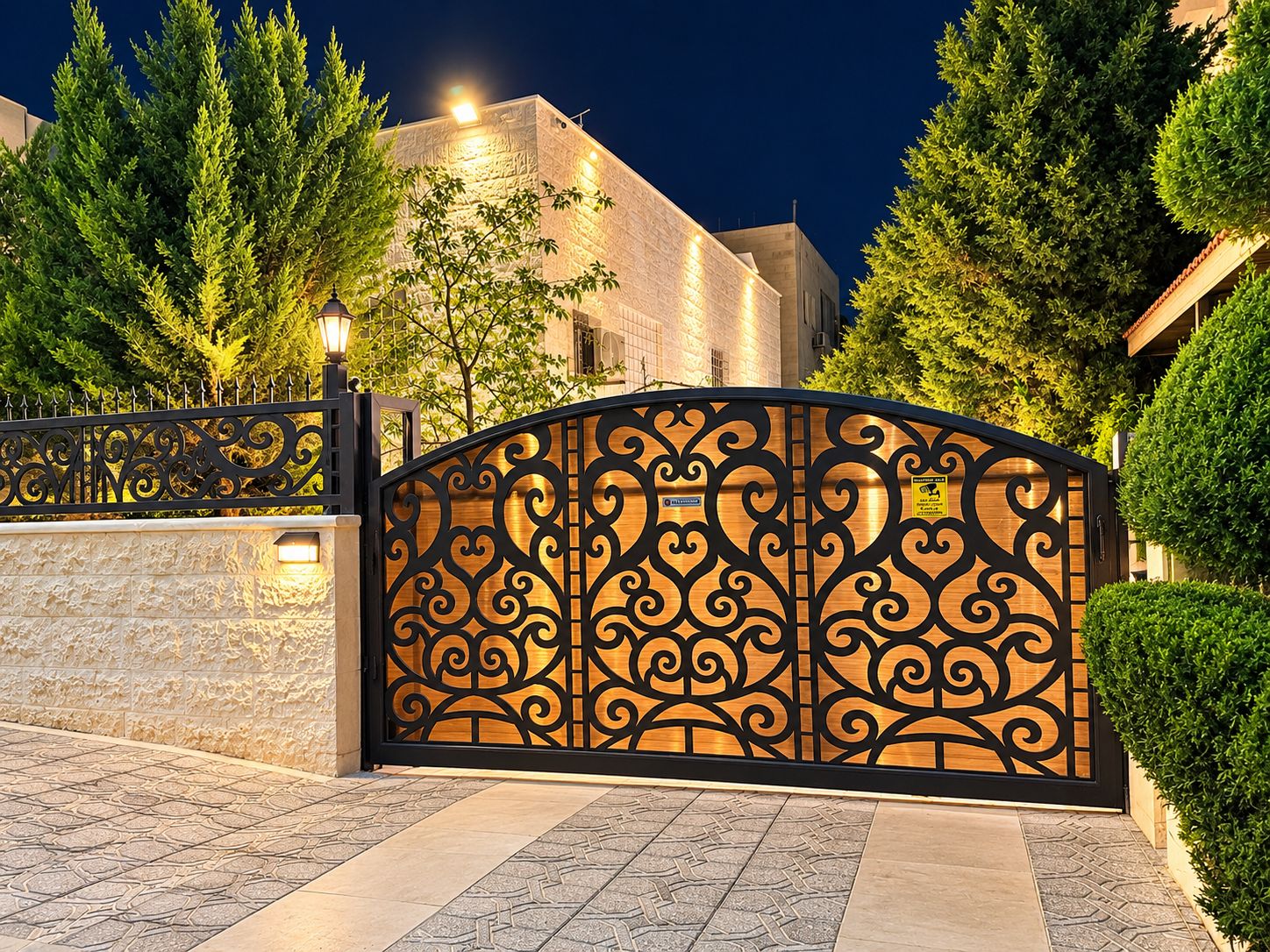 A gated entrance with ornate metalwork, a stone wall, and a well-lit building in the background.