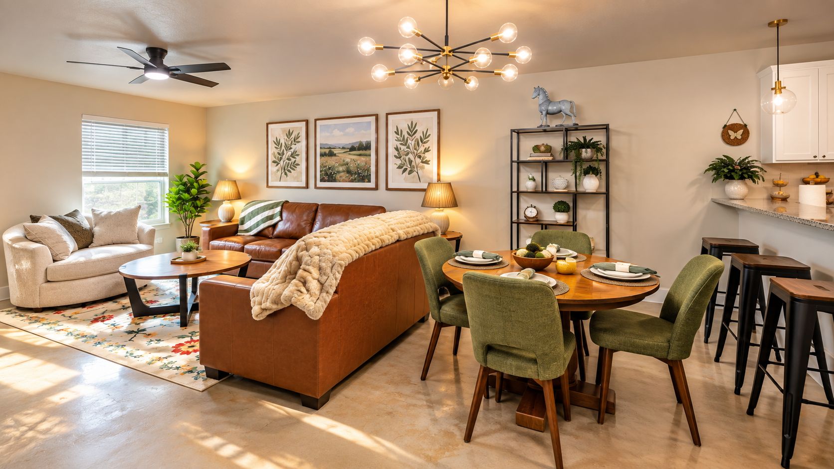 A living room with a sofa, coffee table, and dining area with chairs and a table set for a meal.