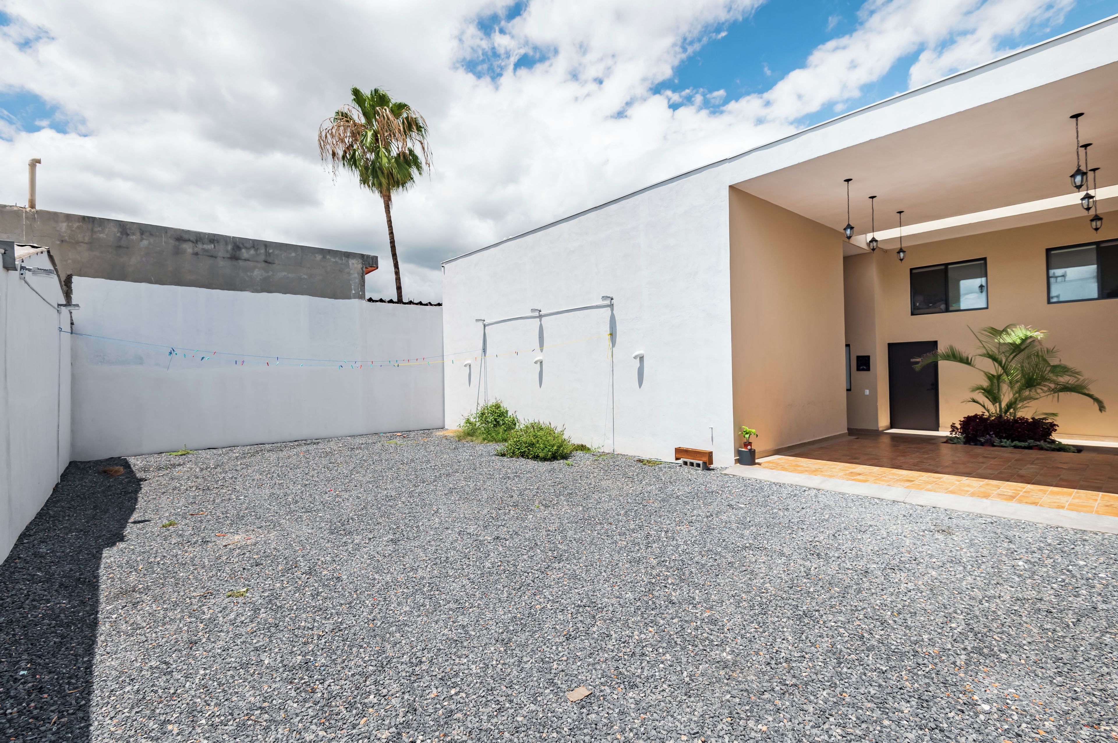 A modern building with a gravel courtyard, a palm tree, and a wooden bench.