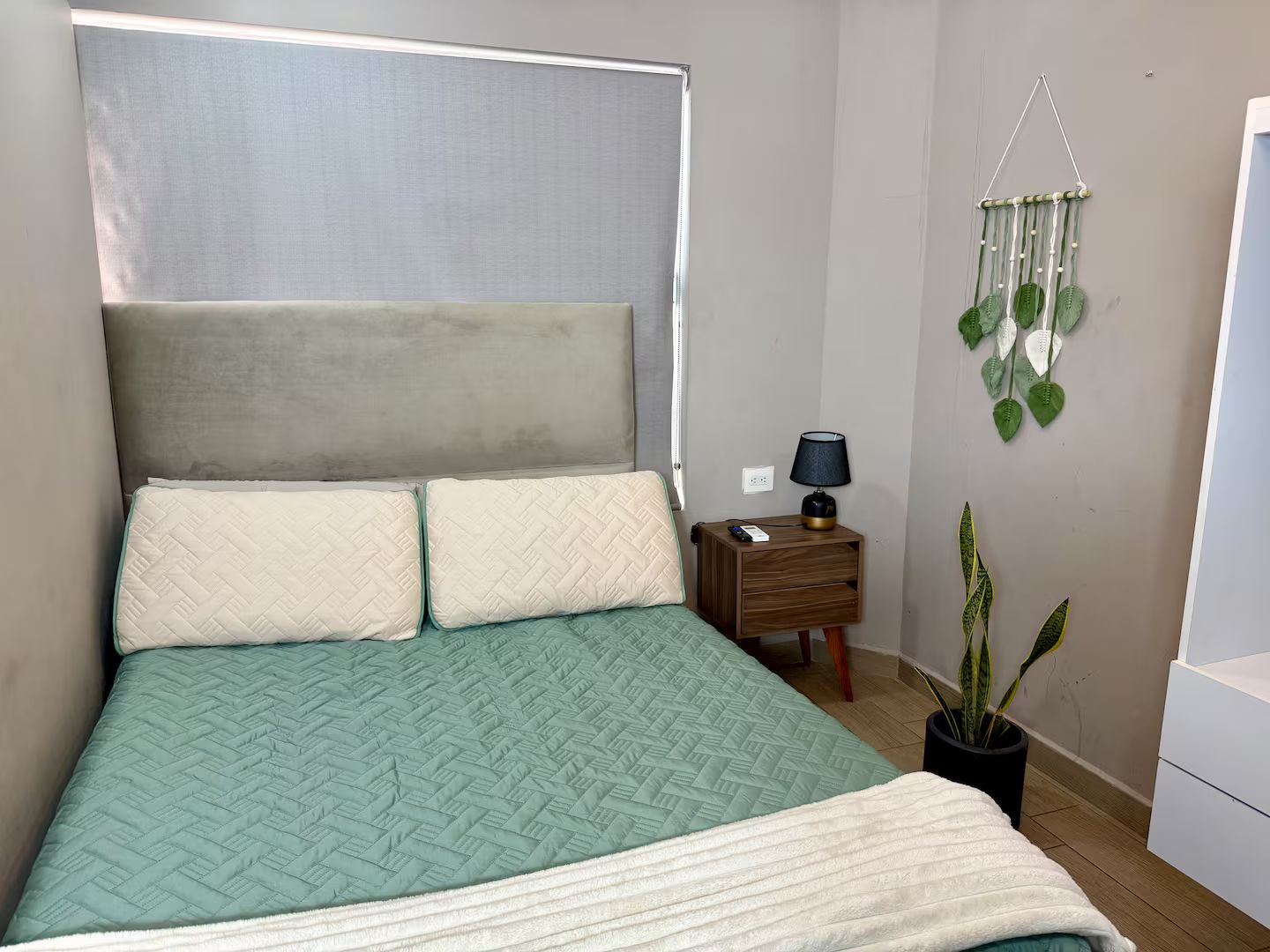 A bedroom with a bed, a nightstand, a lamp, a wall-mounted plant, and a potted plant.