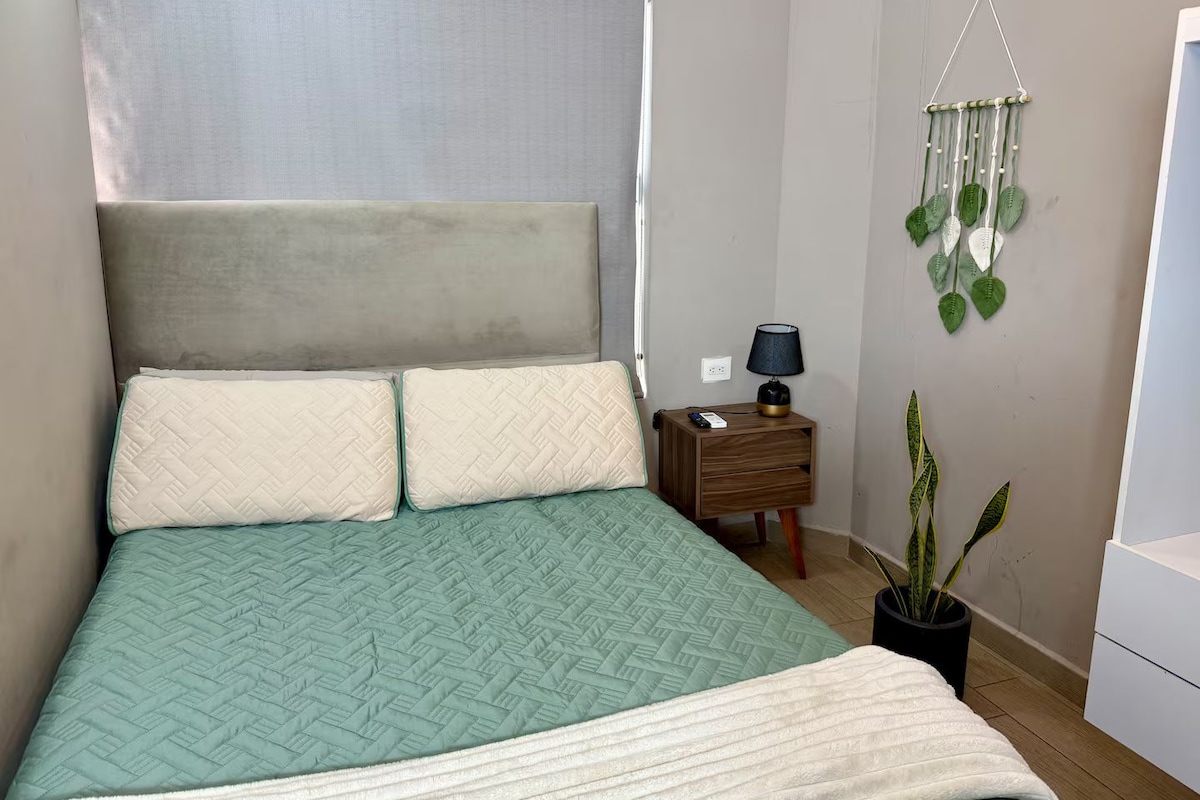Un dormitorio con una cama, una mesita de noche, una lámpara, una planta en la pared y una planta en maceta.