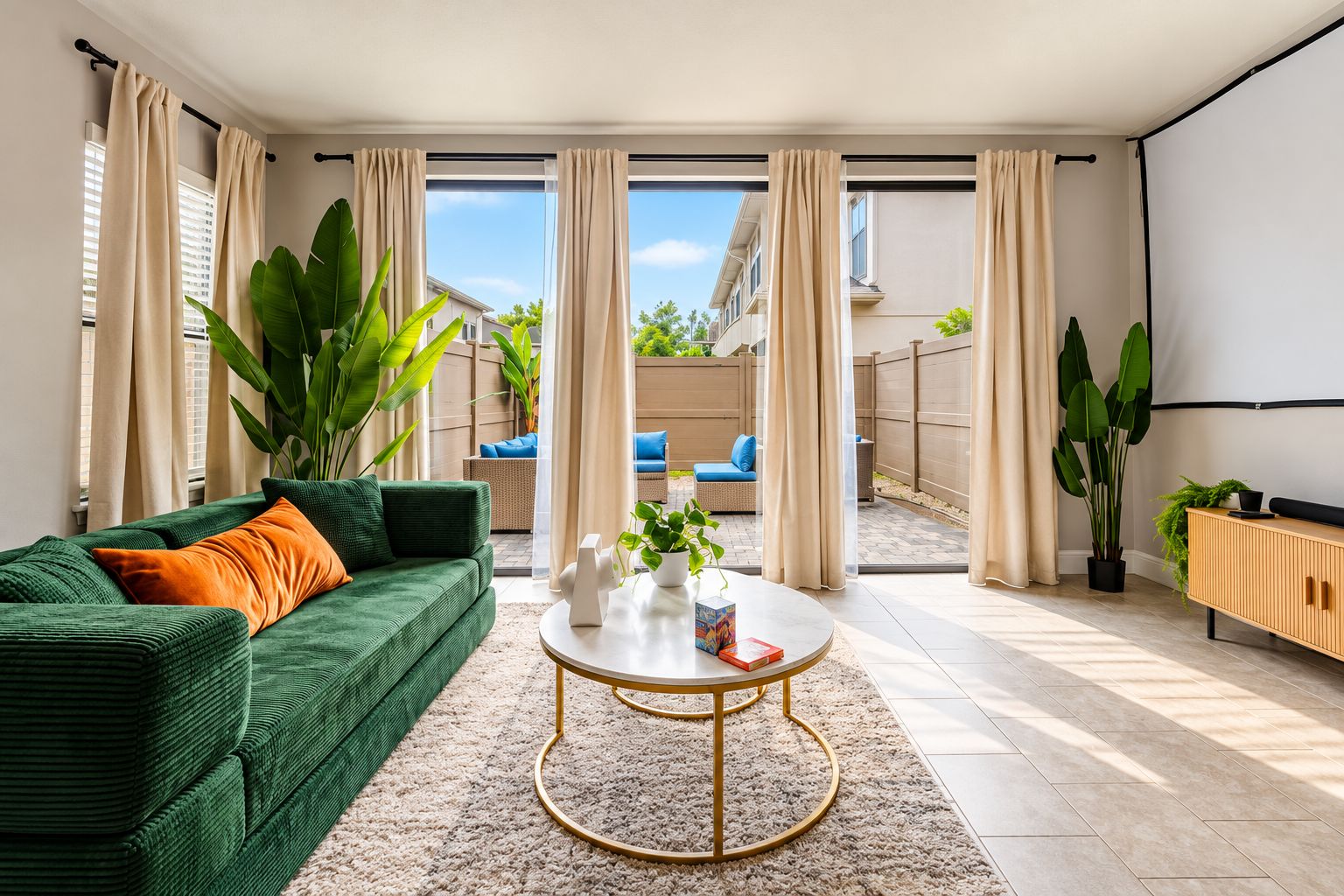 Un salon moderne avec un canapé vert, une table basse ronde et une vue sur le jardin à travers de grandes portes coulissantes.