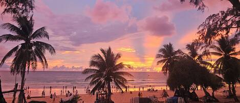 Una playa con palmeras y un atardecer.