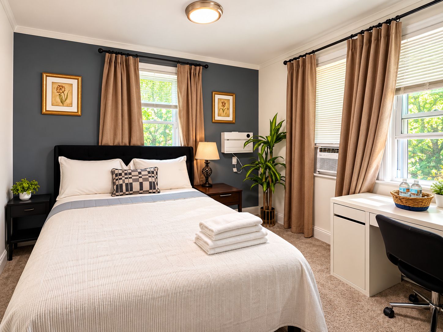 A bedroom with a bed, bedside tables, a desk, and a chair. There are curtains, a lamp, and framed pictures on the wall.