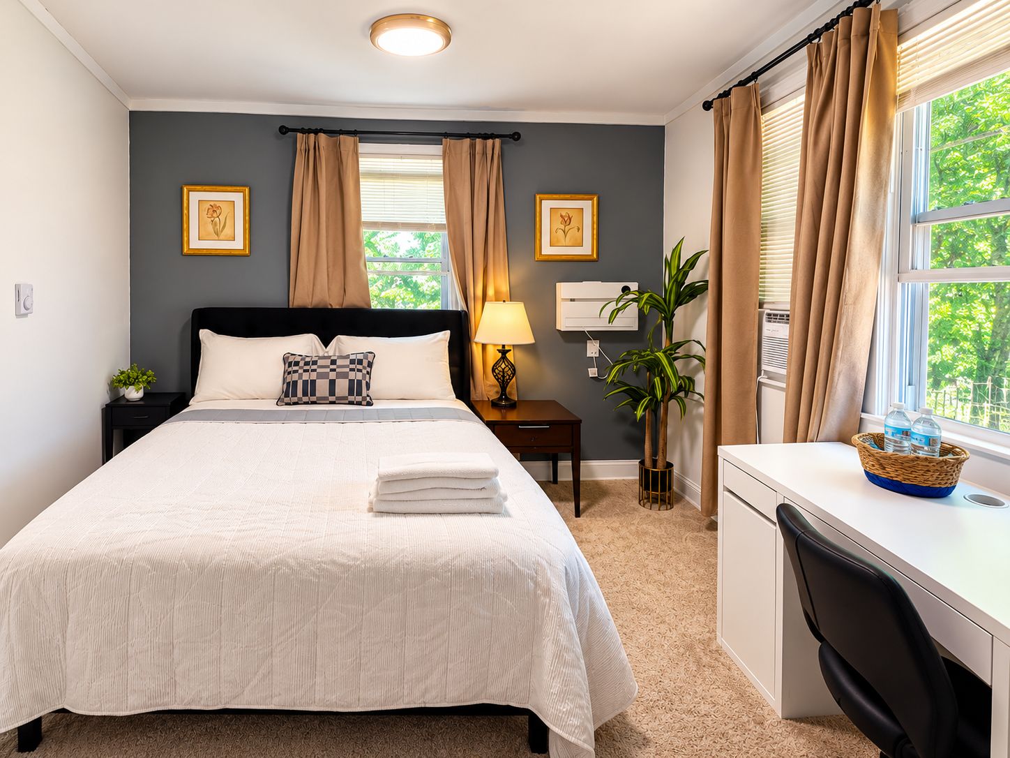 Habitación de hotel con cama, mesita de noche, lámpara, planta en maceta y escritorio con silla.