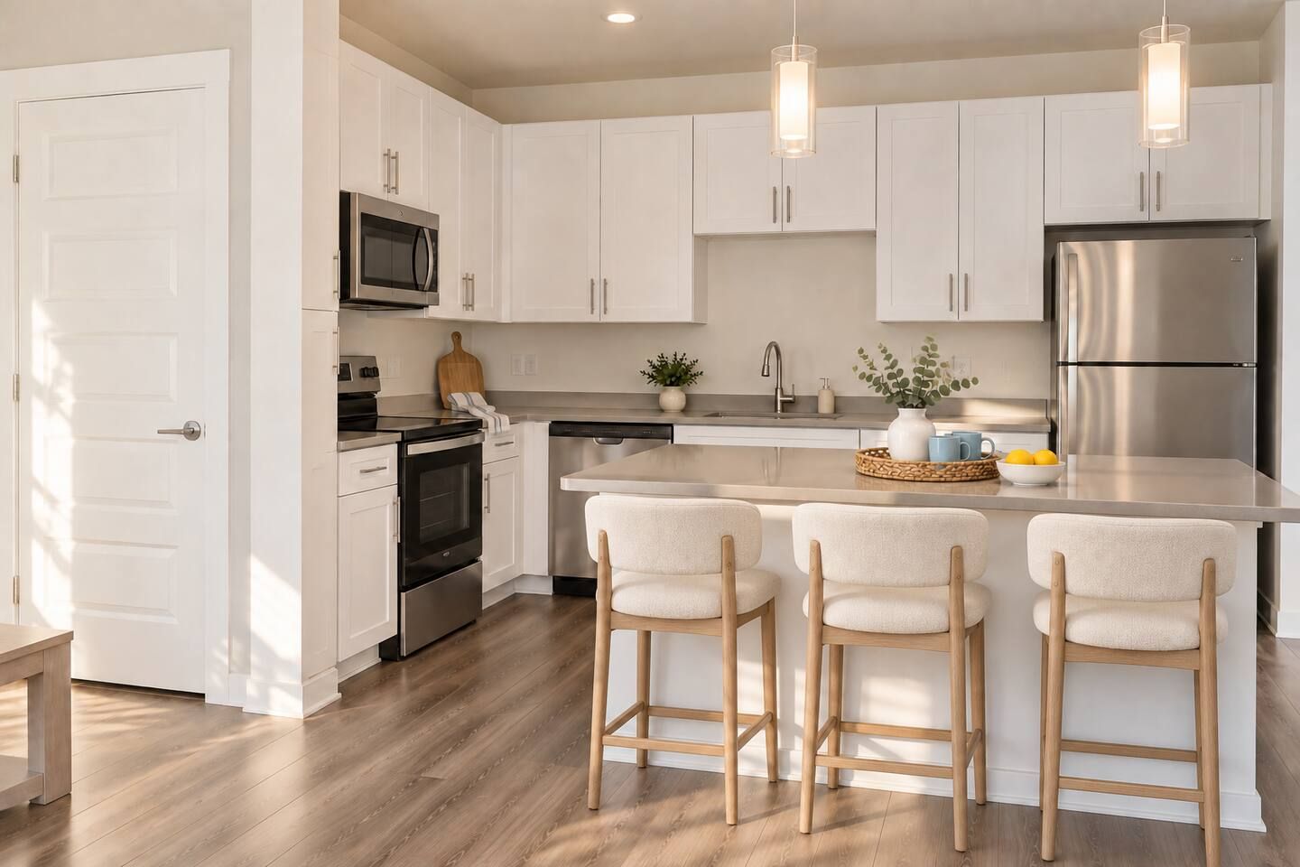 Una cocina moderna con armarios blancos, electrodomésticos de acero inoxidable y una isla central con taburetes de bar.