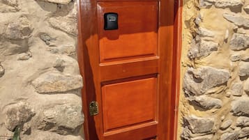A wooden door with a keypad lock, set in a stone wall with a potted plant beside it.