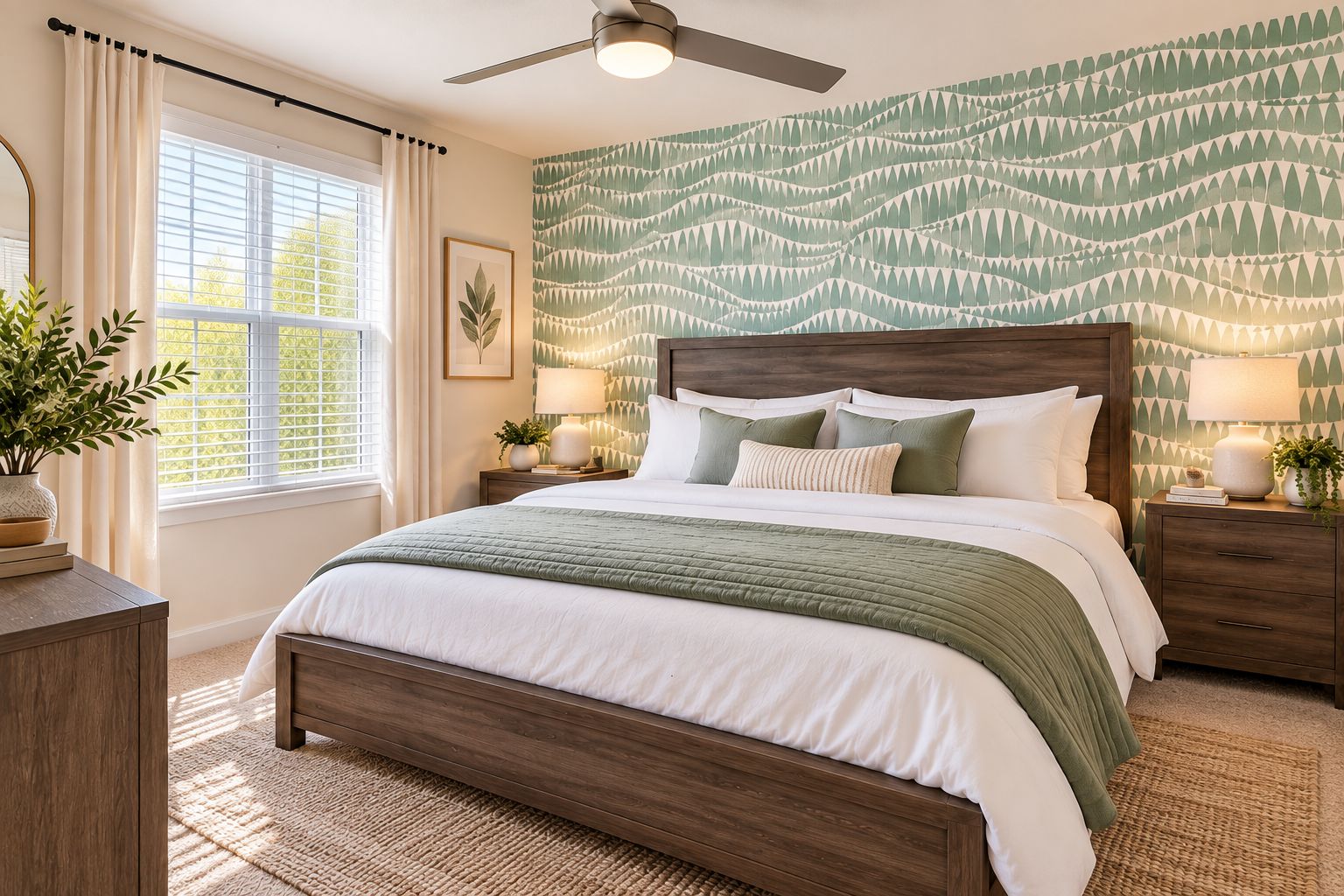 Un dormitorio con cama, mesitas de noche, ventilador de techo, ventana con cortinas y pared con diseño geométrico.