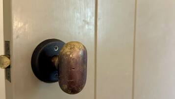Una puerta con un pomo metálico redondo y una cerradura.