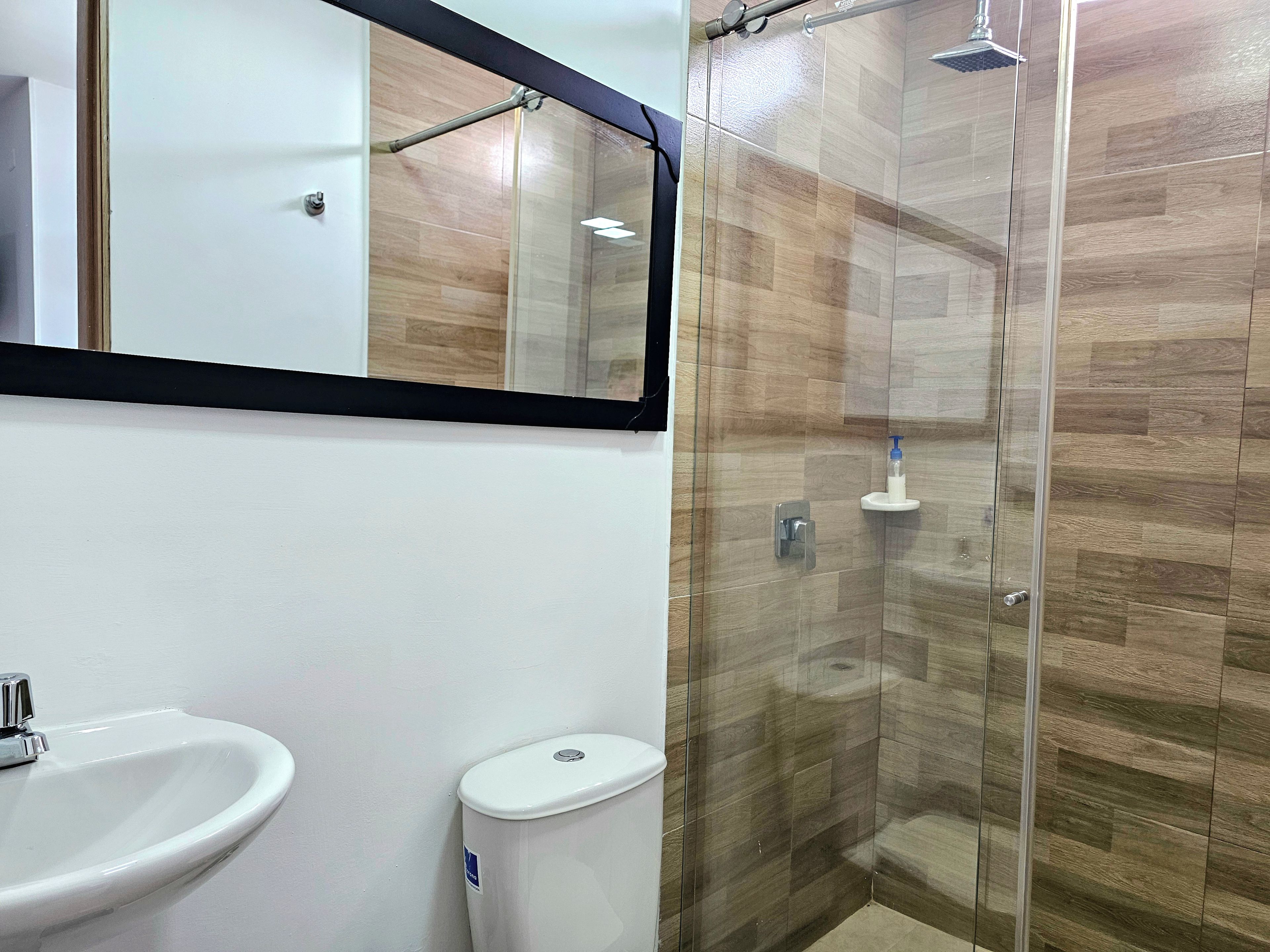 A bathroom with a glass-enclosed shower, a white sink, and a toilet.
