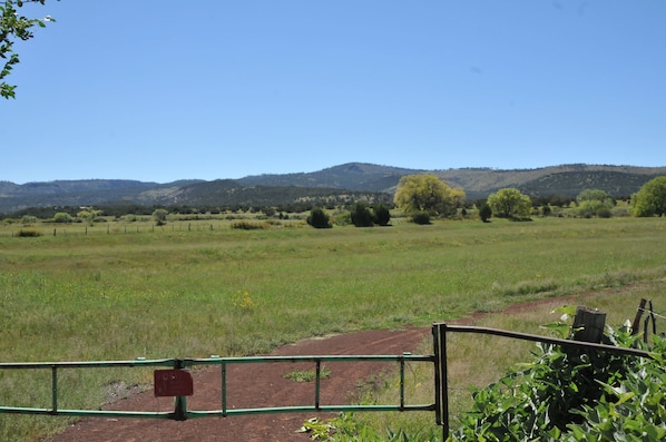 Paisaje rural con un campo cercado, un sendero de tierra y colinas distantes.