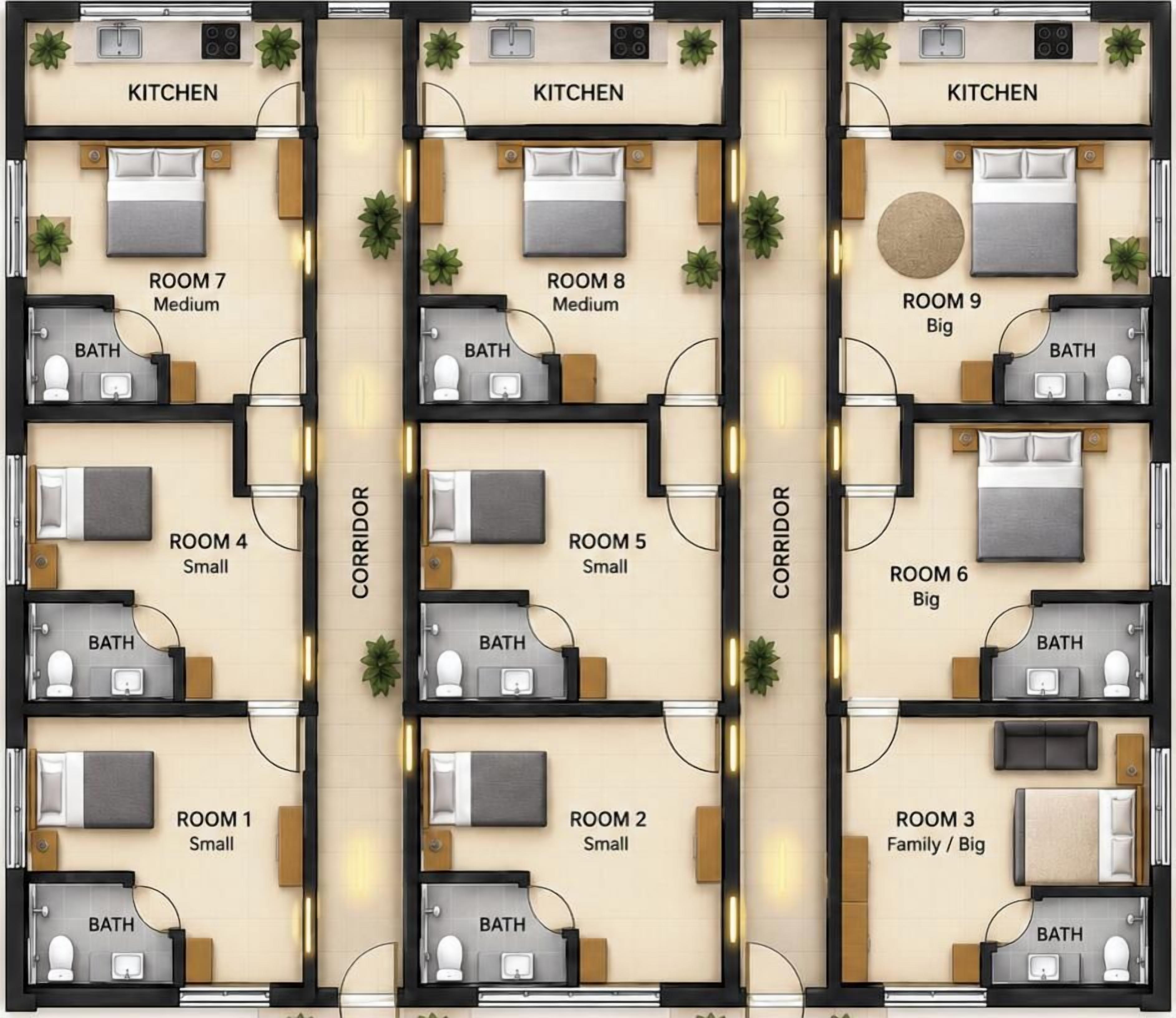 A floor plan of a hotel with three kitchens, multiple bathrooms, and rooms of varying sizes.