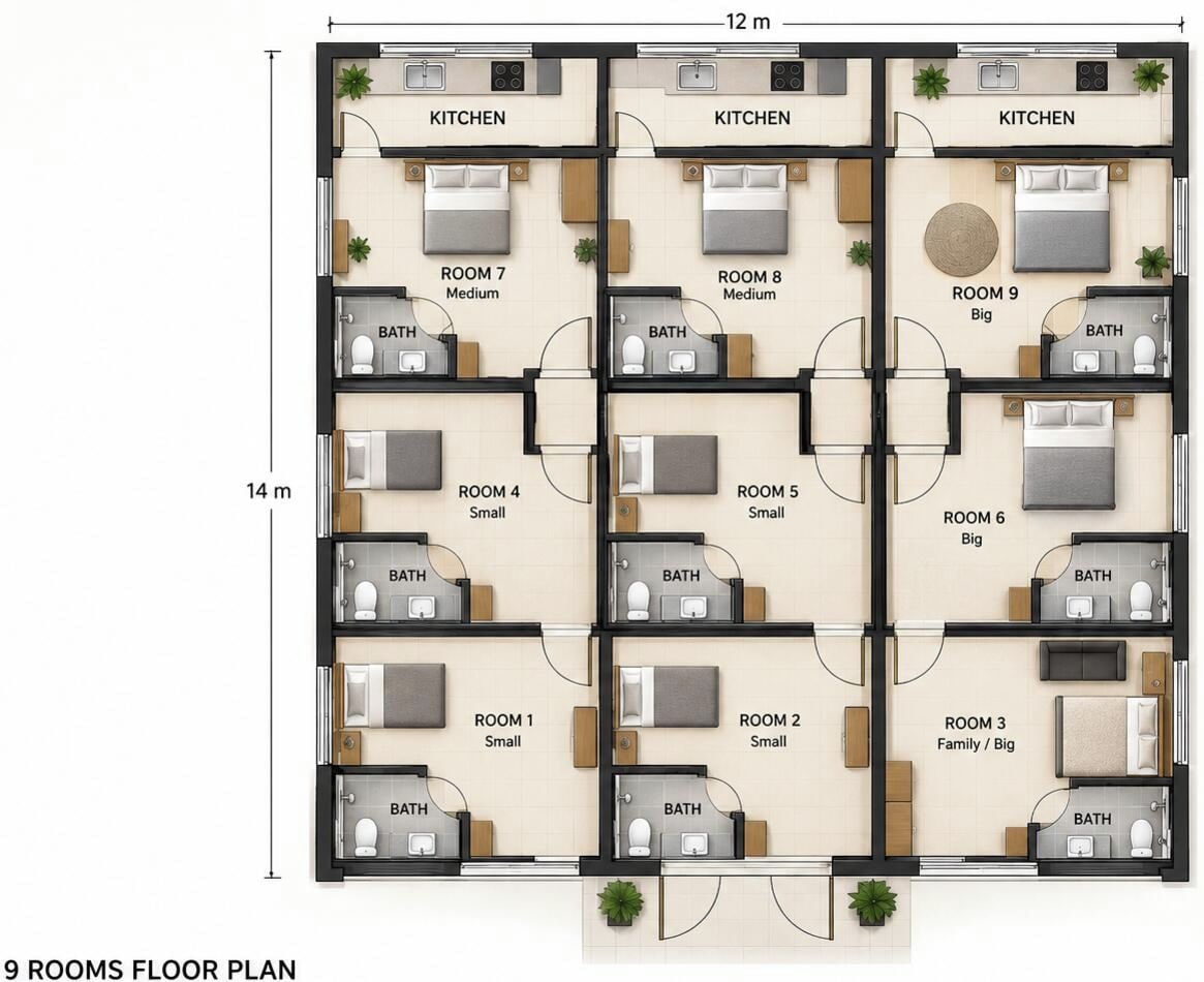 Planta baixa com 9 divisões, incluindo 3 cozinhas, 3 banheiros e 2 quartos pequenos e 2 grandes.