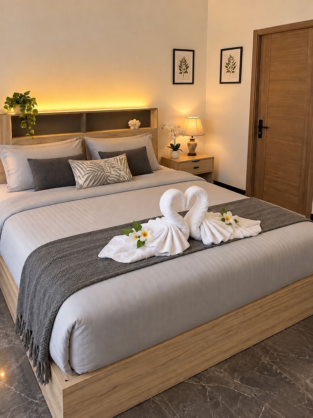 A hotel room with a large bed, a bedside table with a lamp, a wooden headboard, and two framed botanical prints on the wall.
