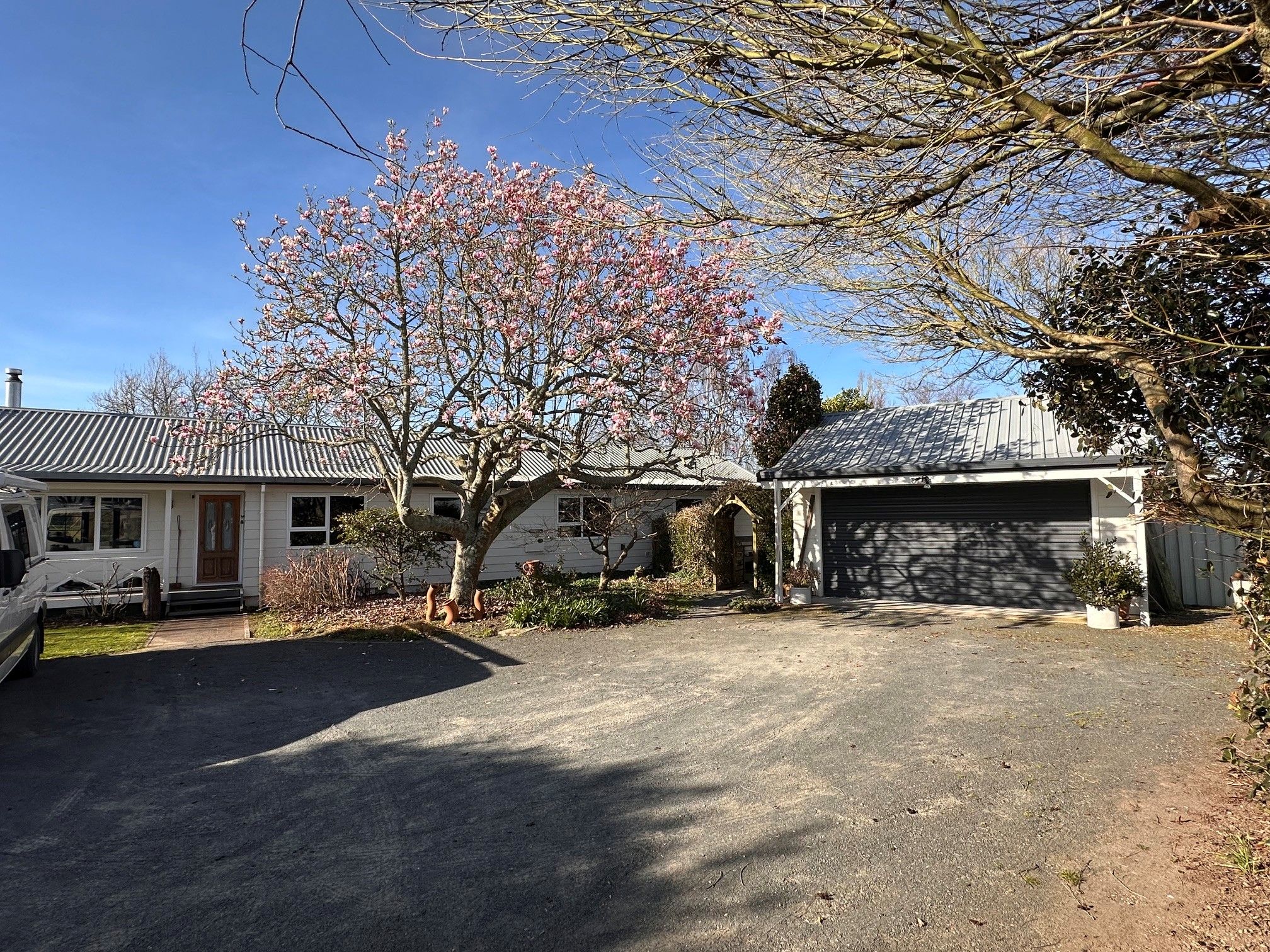 Une allée menant à une maison, avec un garage, un véhicule garé et un arbre aux fleurs roses.