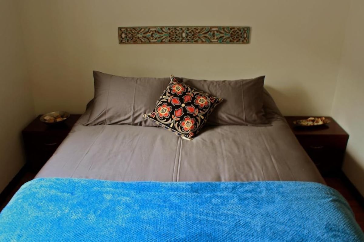 A bed with a blue blanket, a decorative pillow, and a wall-mounted artwork.
