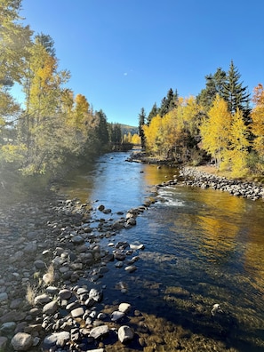 A river with clear water, surrounded by trees with yellow leaves, and a bridge in the distance. - Mountain getaway near Keystone, Breckenridge & Copper! Walk to shops & dining. (Silverthorne)
