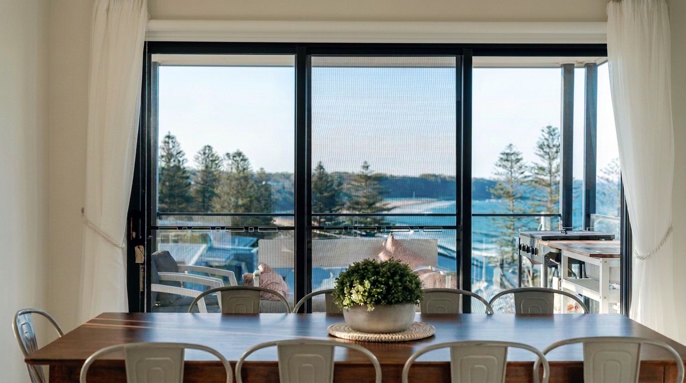 A dining area with a large table and chairs, a potted plant, and a view through a large window.