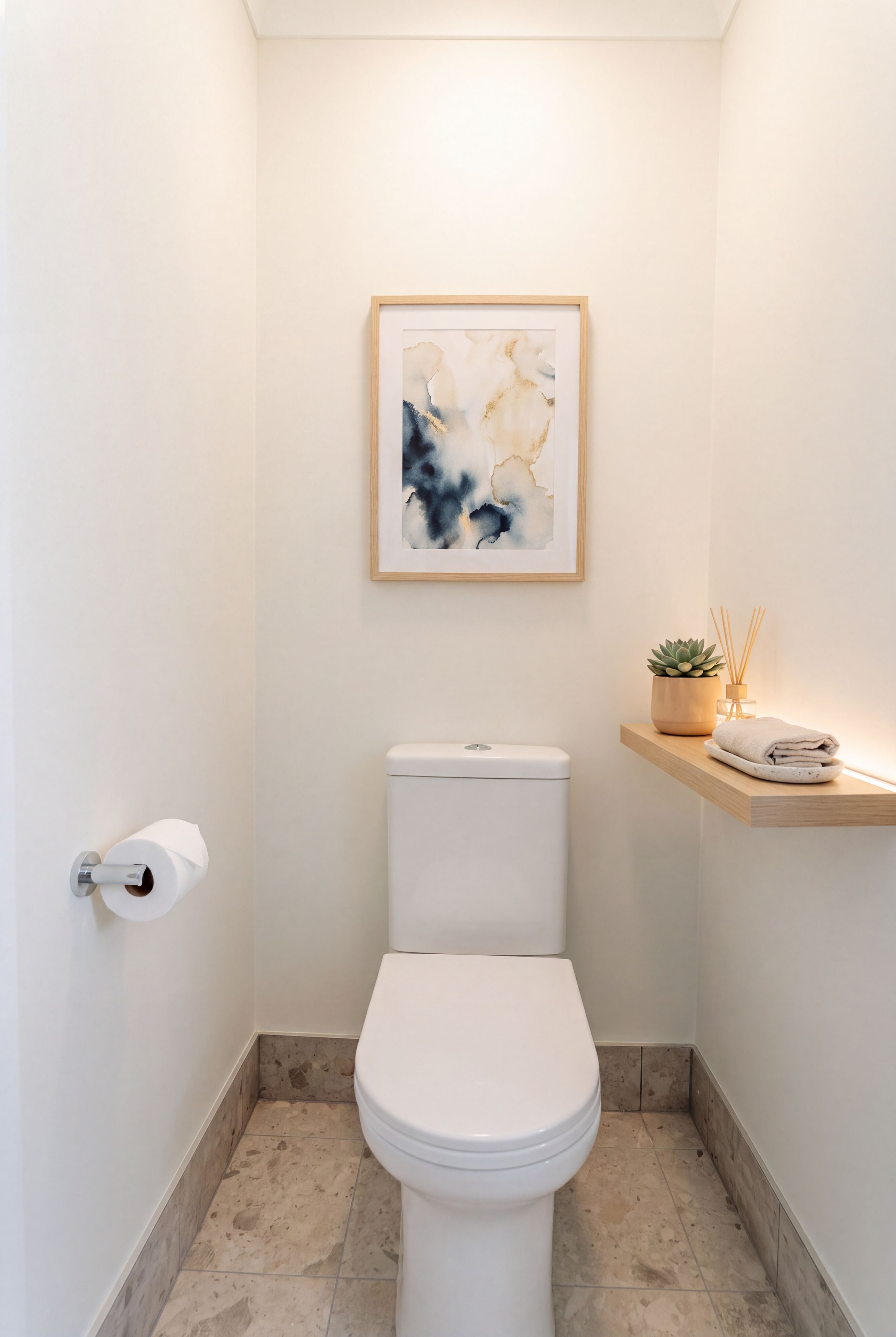 Een moderne badkamer met een toilet, een lijst met een abstract schilderij en een klein plankje met een plant en een handdoek.