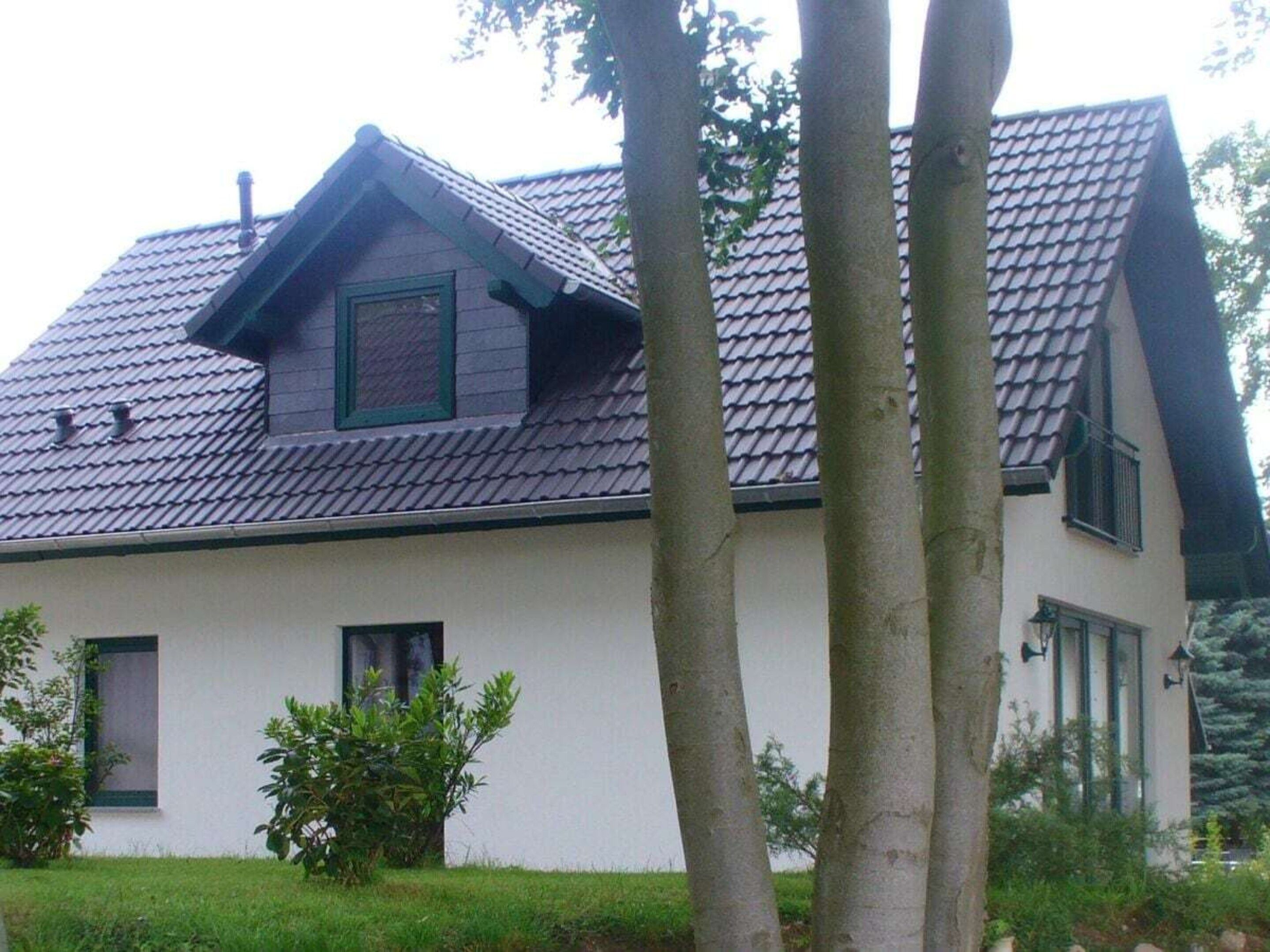 A two-story house with a sloped roof, visible chimneys, and a small window with shutters.