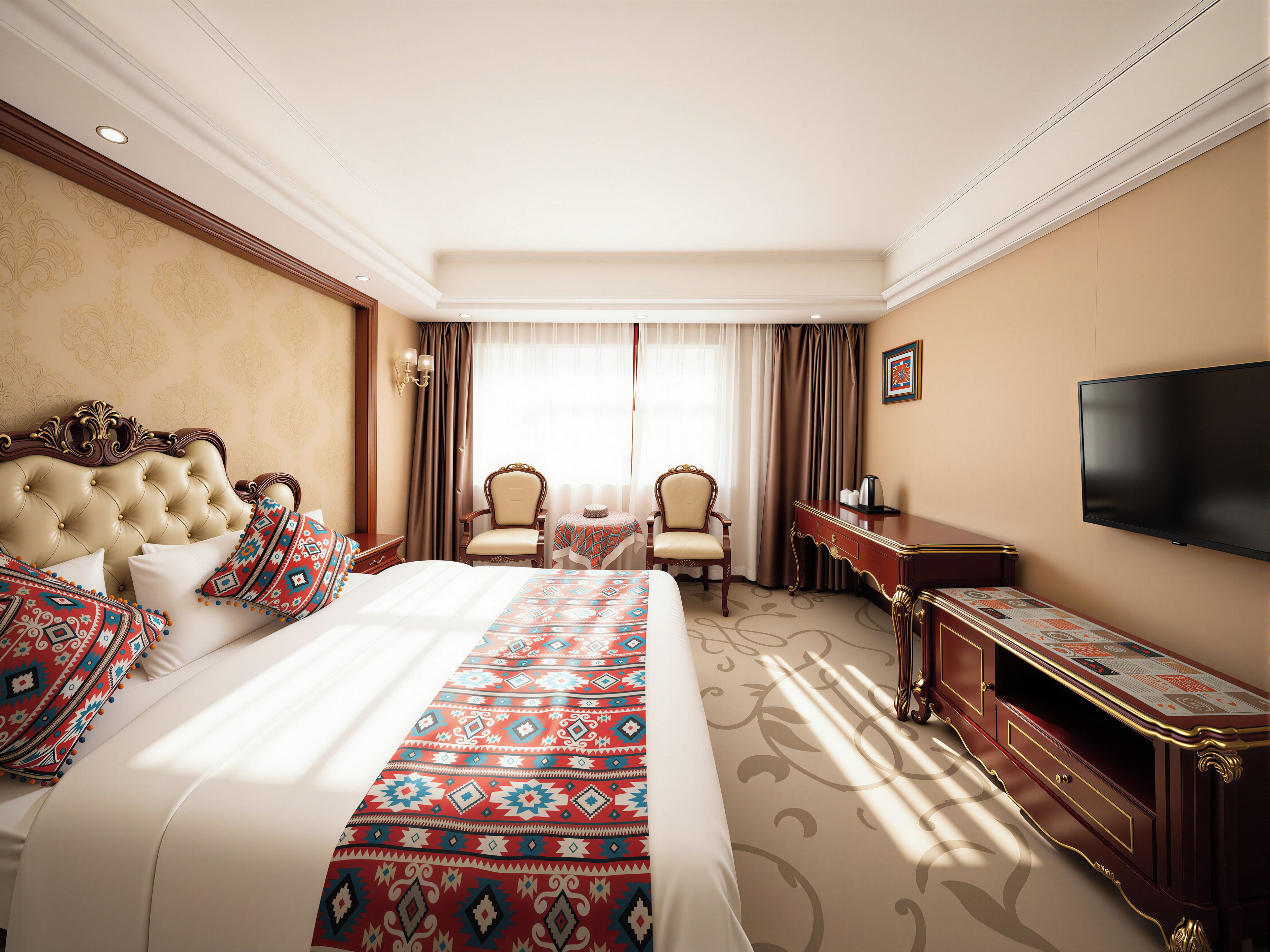 Habitación de hotel con una cama grande, dos sillones, una mesita, televisión y escritorio.