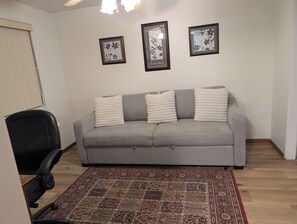A living room with a grey sofa, two white cushions, a patterned rug, and three framed floral artworks on the wall.