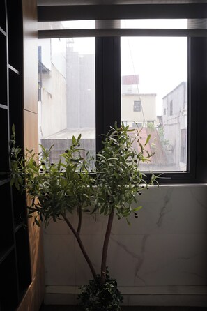 A window with a view of buildings, a potted plant with green leaves, and a marble wall. - The Windie Home - Duong Thanh - Hoan Kiem Lake (phuong Hoan Kiem)
