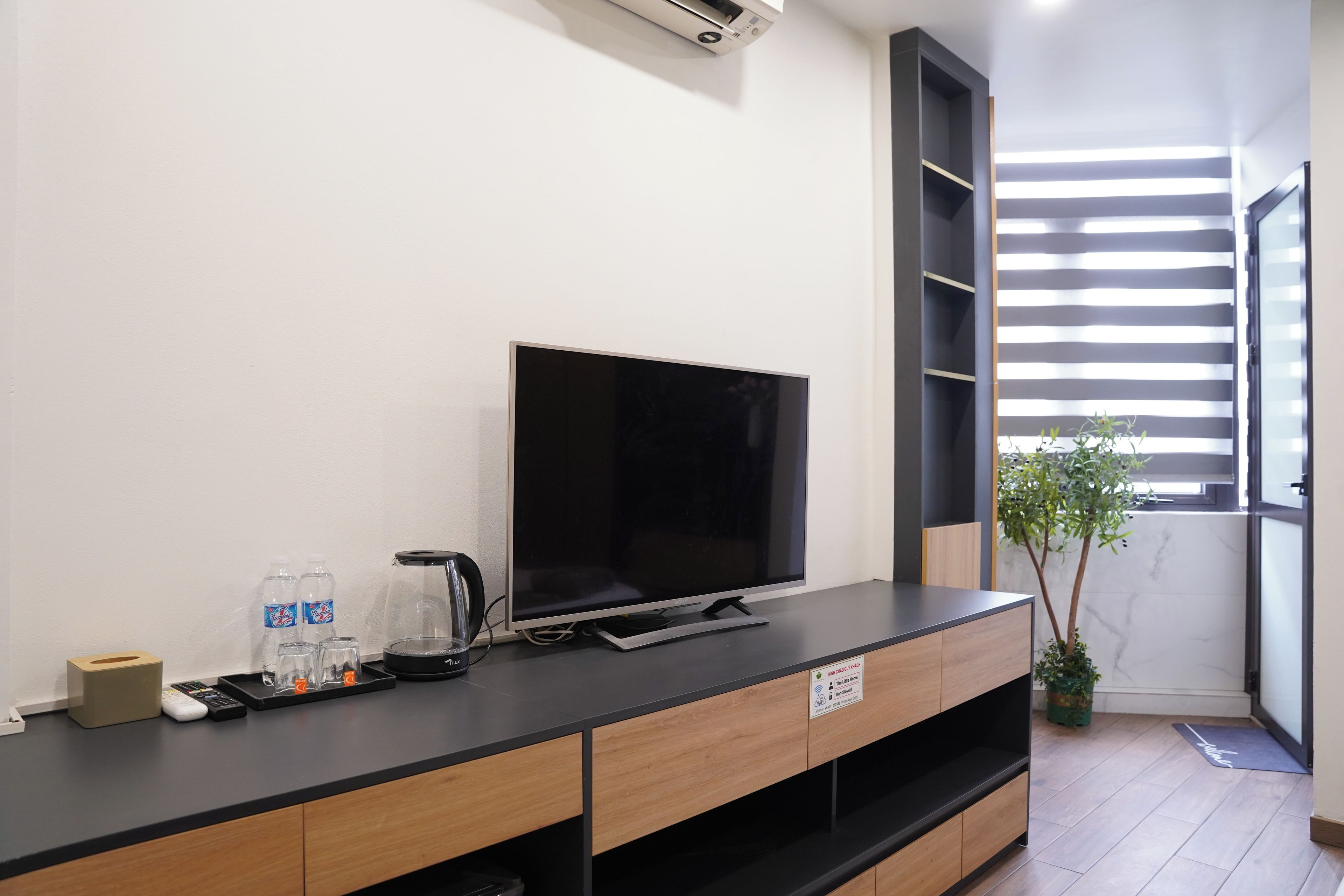 A modern living room with a flat-screen TV, a coffee maker, and a plant.