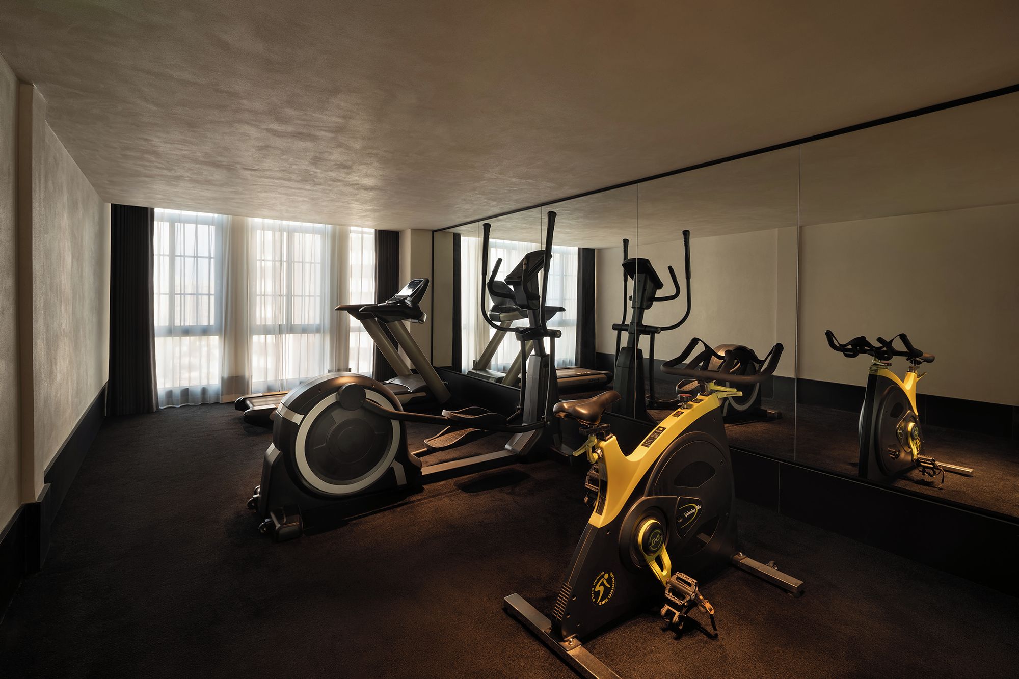 A gym with various exercise equipment, large windows, and a carpeted floor.