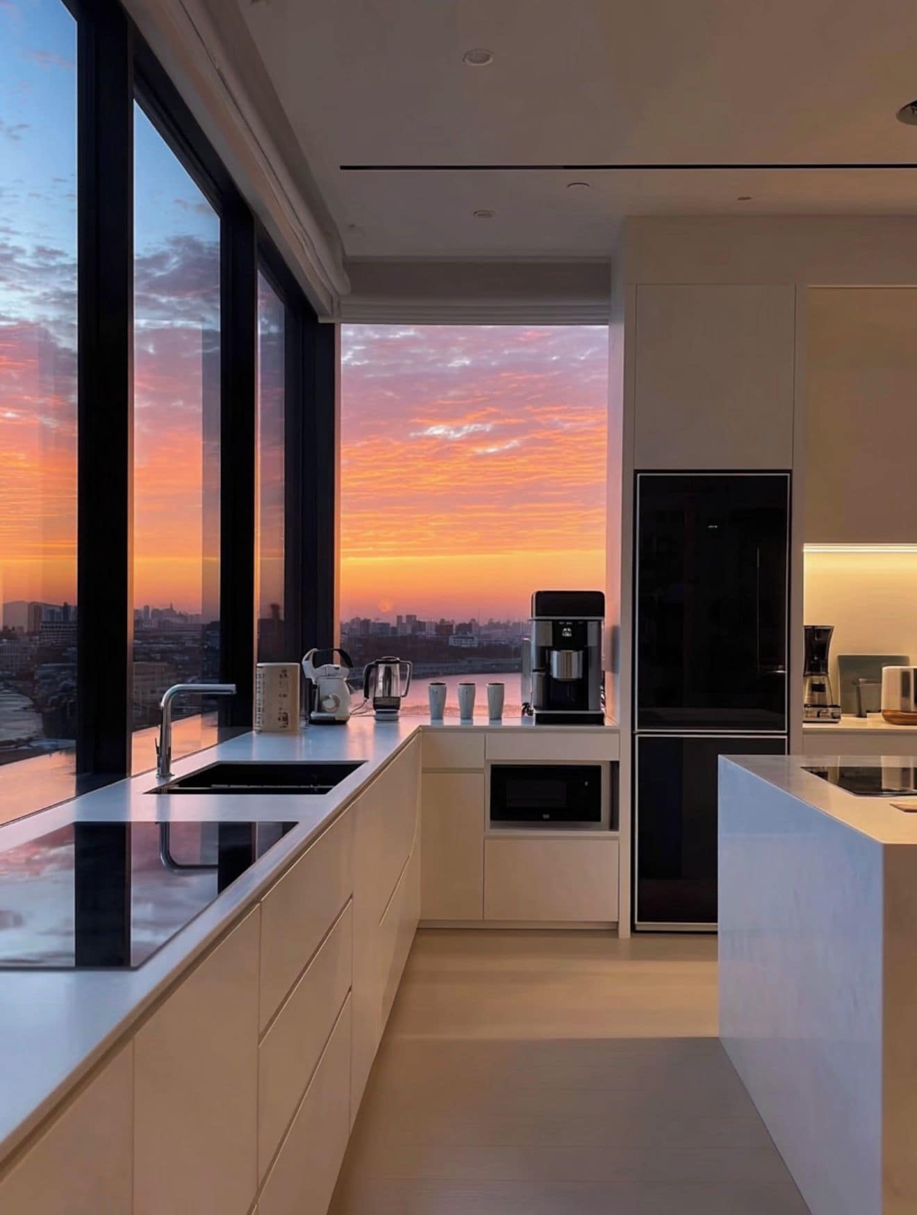 A modern kitchen with a city view at sunset, featuring a large window, stainless steel appliances, and a minimalist design.